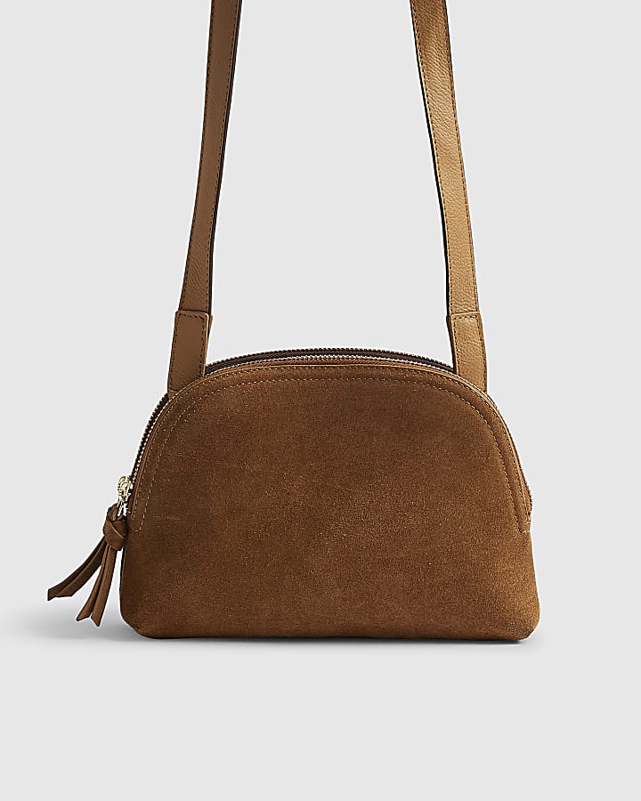 River Island Brown Double Zip Suede Crossbody Bag
