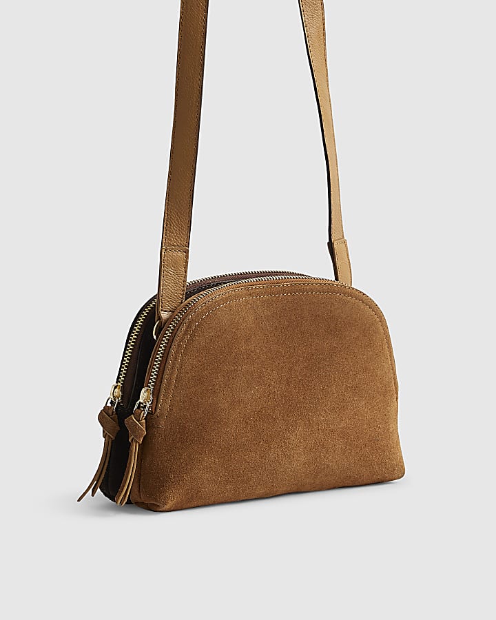 River Island Brown Double Zip Suede Crossbody Bag