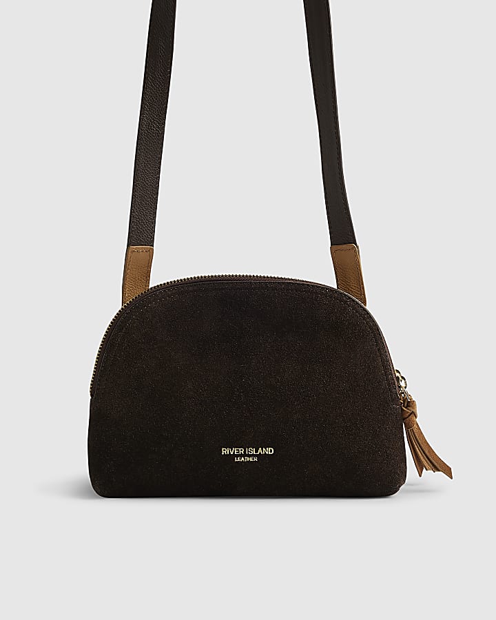 River Island Brown Double Zip Suede Crossbody Bag