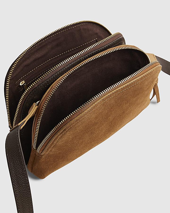 river island Brown Double Zip Suede Crossbody Bag