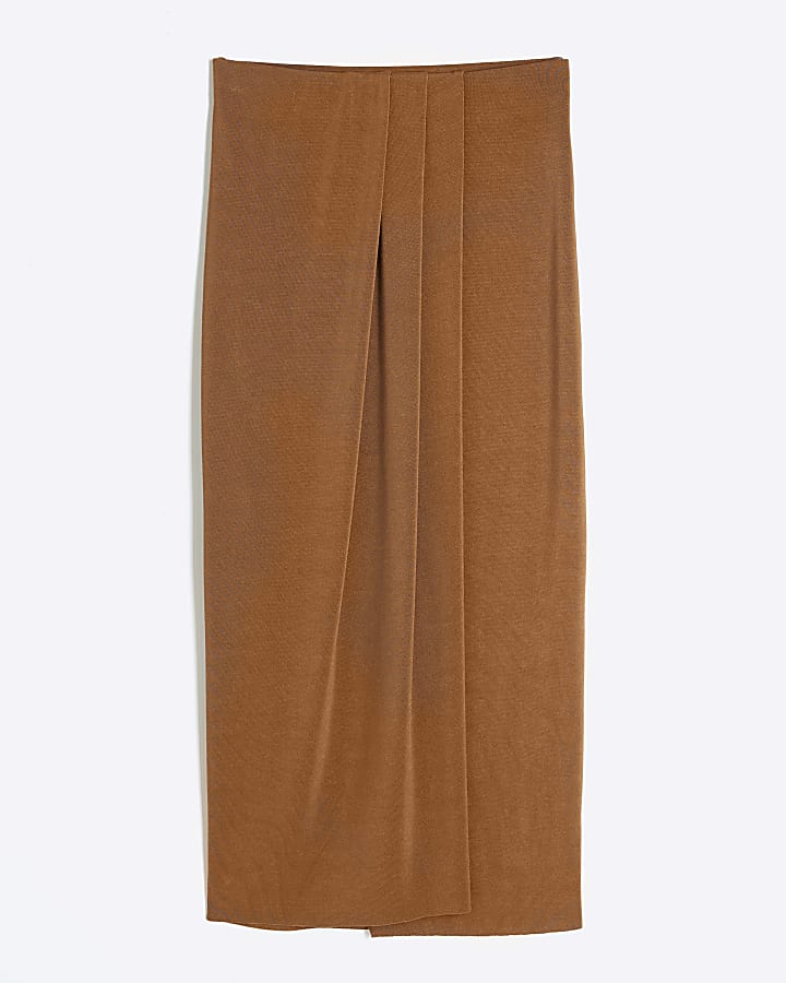 river island Brown Draped Pleated Midi Skirt