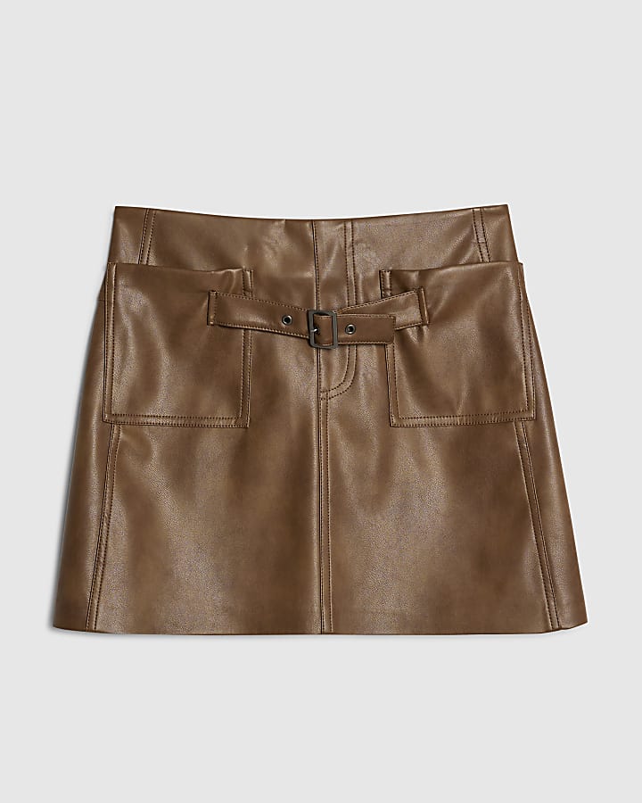 river island Brown Faux Leather Belted Mini Skirt
