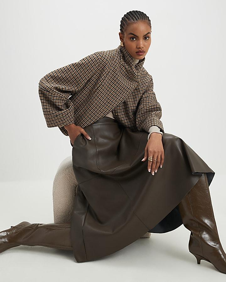 River Island Brown Faux Leather Midi Skirt