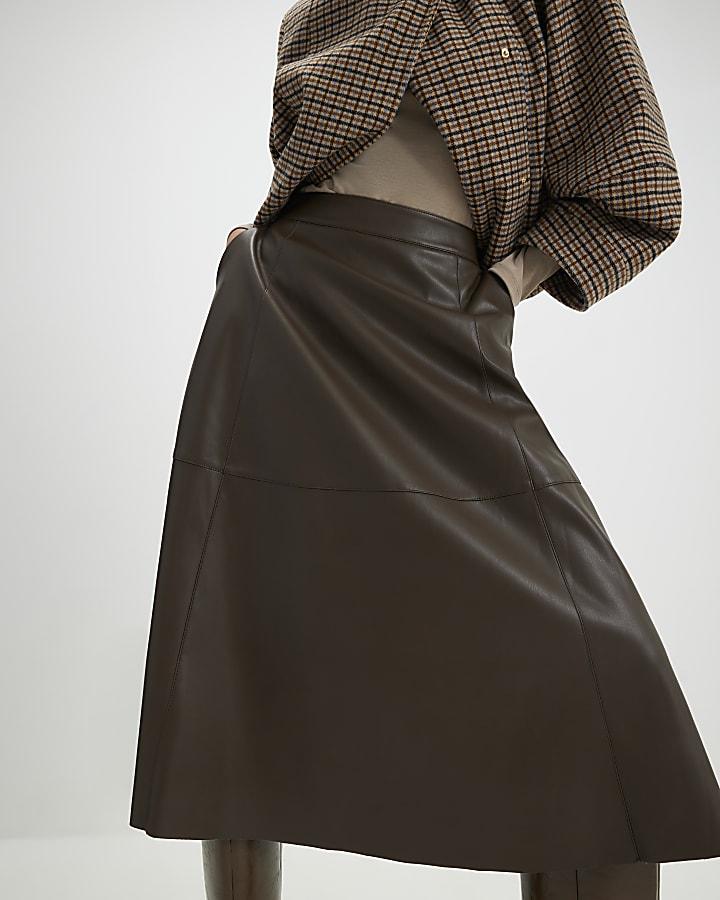 River Island Brown Faux Leather Midi Skirt