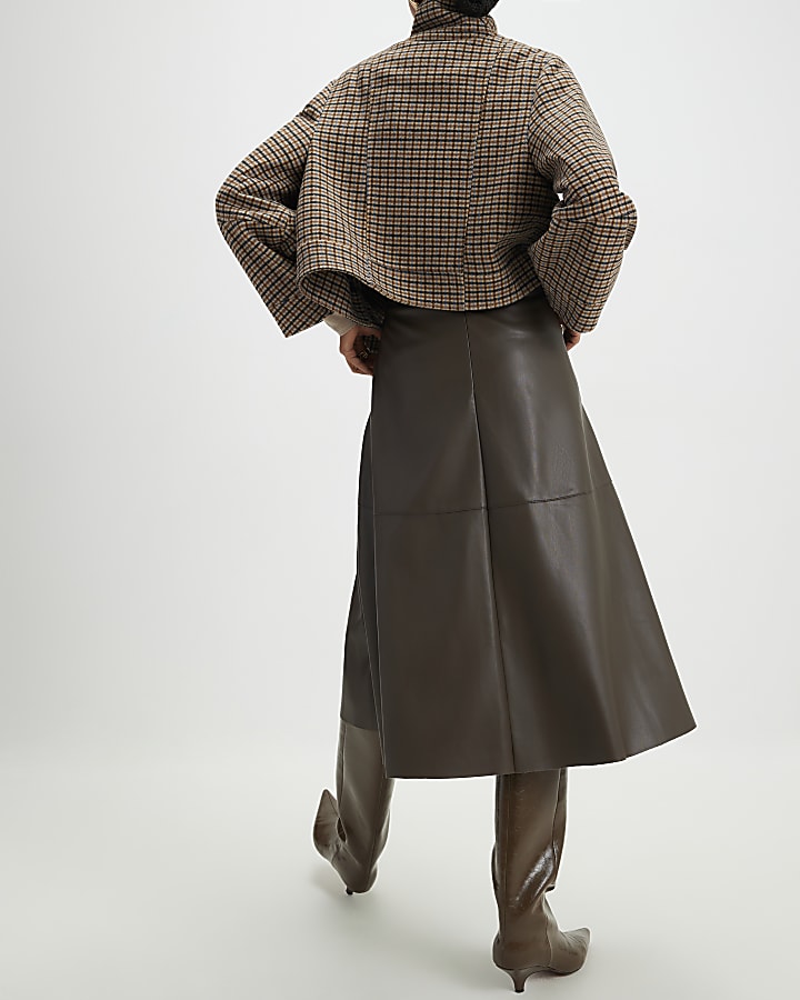 River Island Brown Faux Leather Midi Skirt