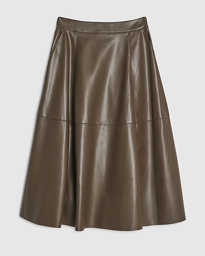 river island Brown Faux Leather Midi Skirt