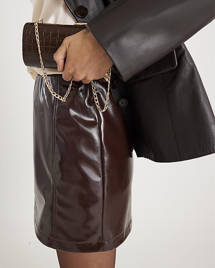 River Island Brown Faux Leather Mini Skirt