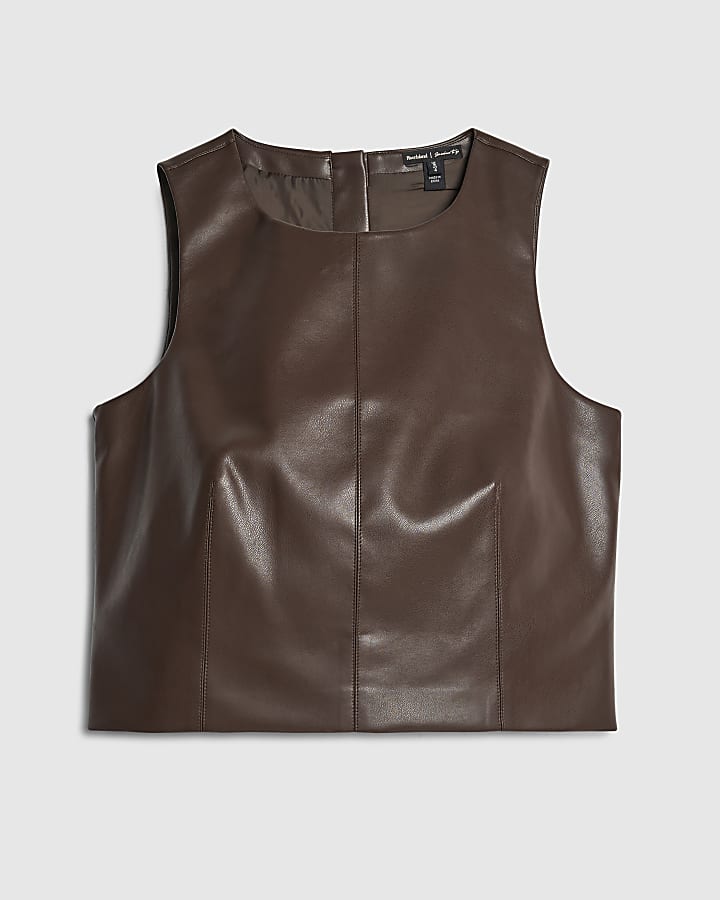 river island Brown Faux Leather Shell Top