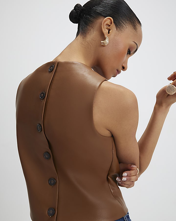 River Island Brown Faux Leather Sleeveless Top