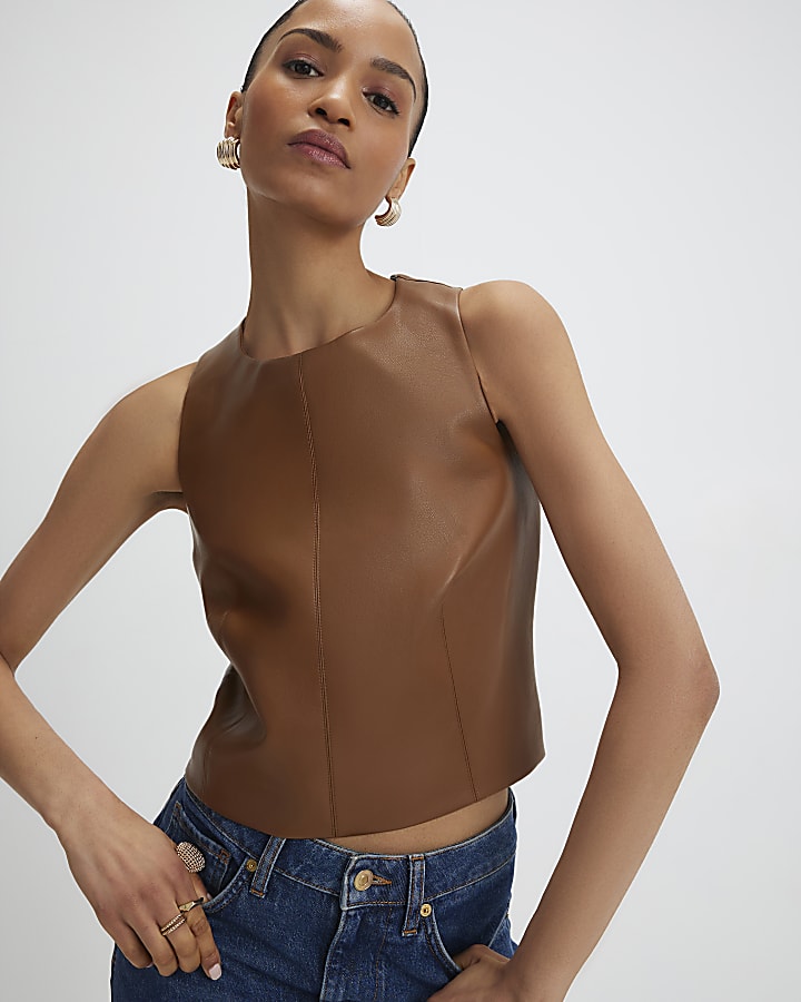 River Island Brown Faux Leather Sleeveless Top