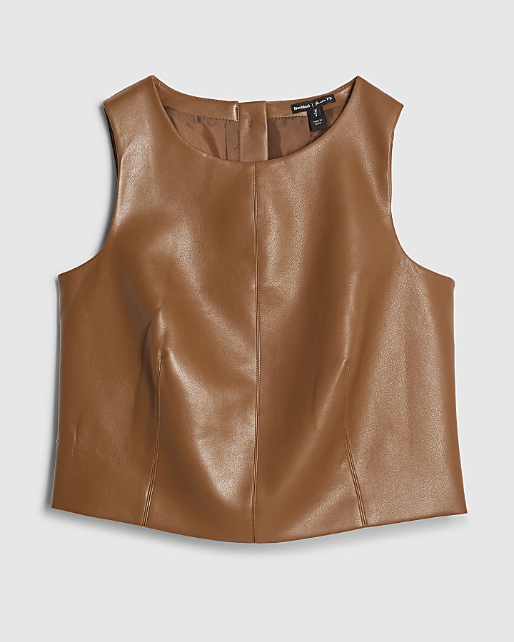 river island Brown Faux Leather Sleeveless Top