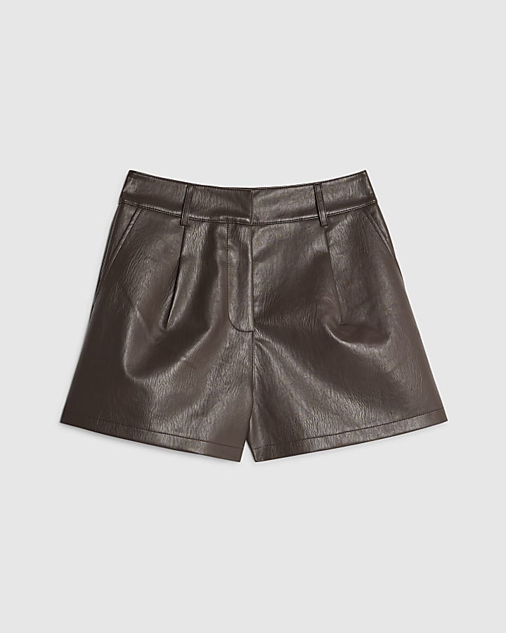 river island Brown Faux Leather Tailored Shorts