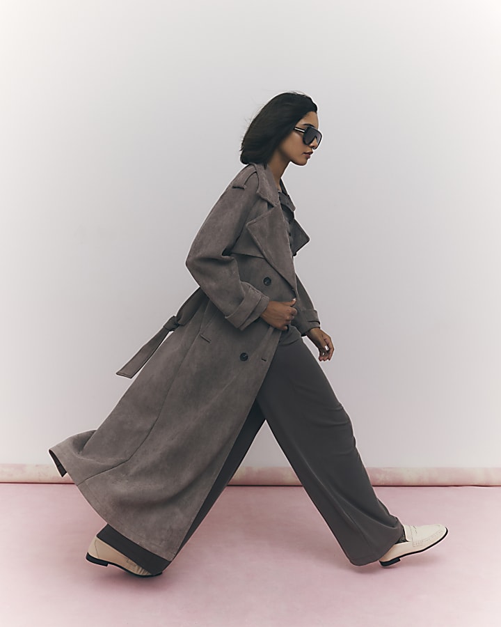 River Island Brown Faux Suede Belted Trench Coat