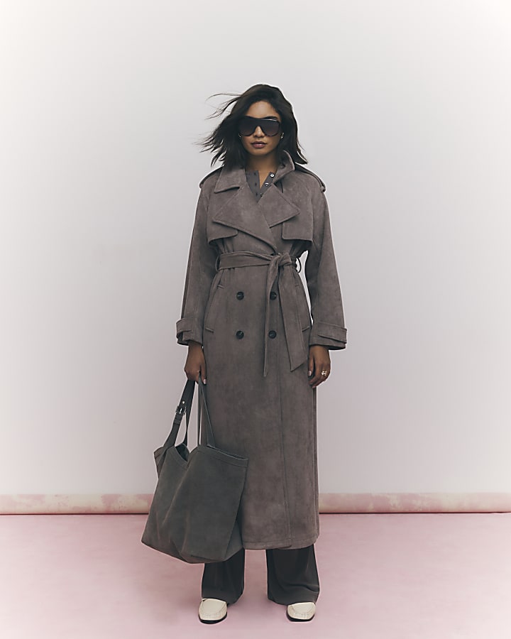 River Island Brown Faux Suede Belted Trench Coat