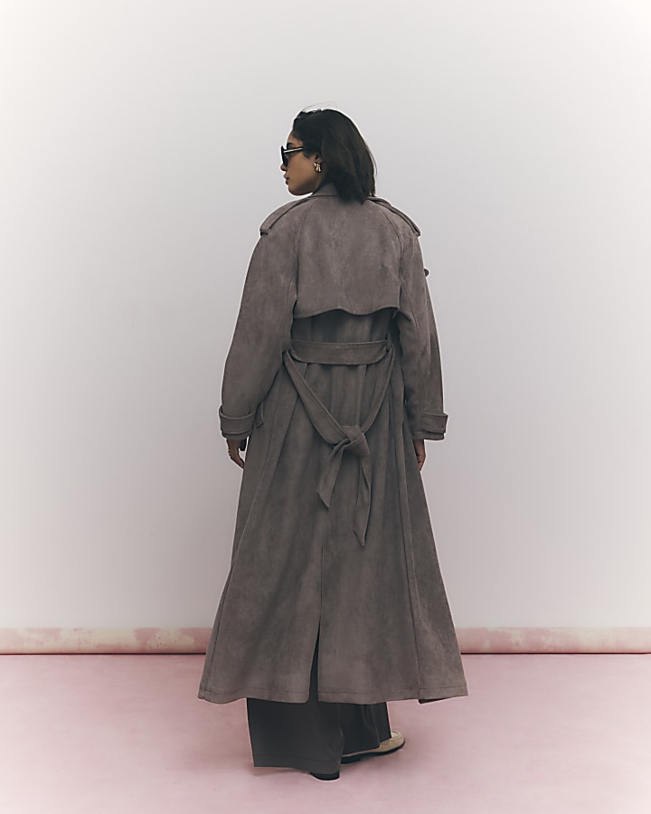 river island Brown Faux Suede Belted Trench Coat