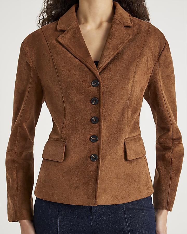River Island Brown Faux Suede Fitted Blazer