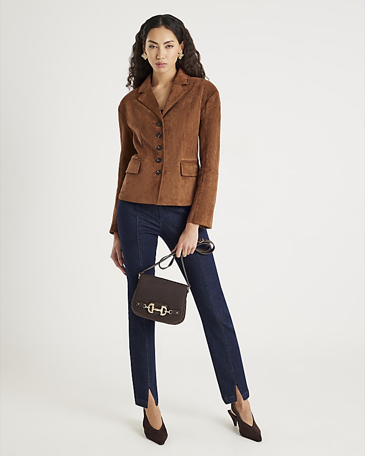 River Island Brown Faux Suede Fitted Blazer