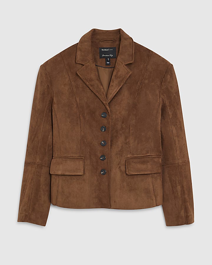 river island Brown Faux Suede Fitted Blazer