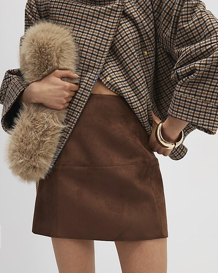 River Island Brown Faux Suede Mini Skirt
