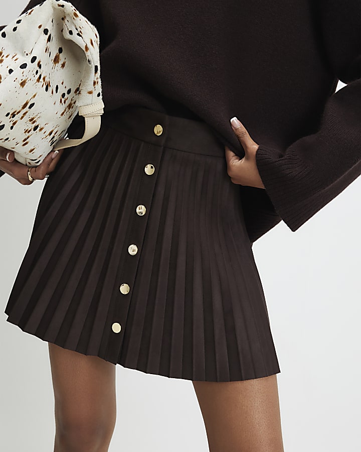 River Island Brown Faux Suede Pleated Mini Skirt