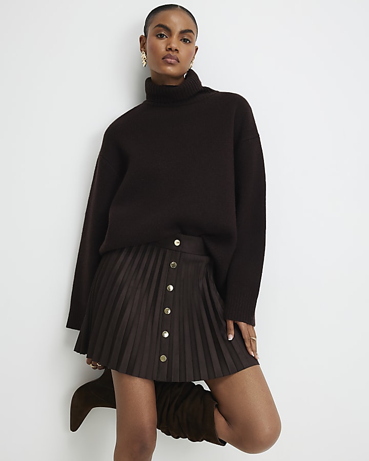 River Island Brown Faux Suede Pleated Mini Skirt
