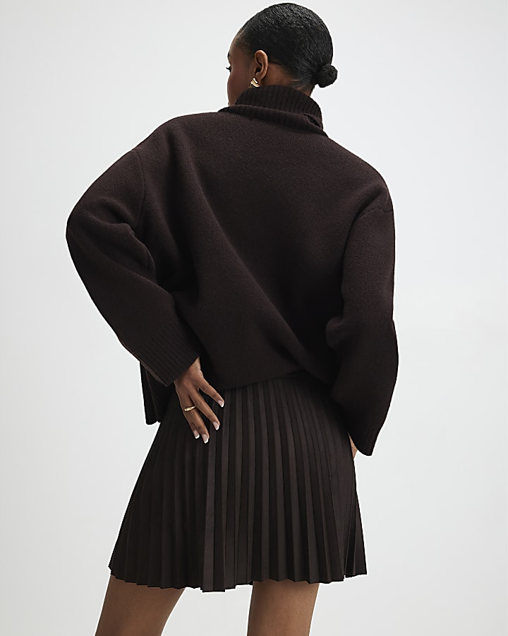 River Island Brown Faux Suede Pleated Mini Skirt