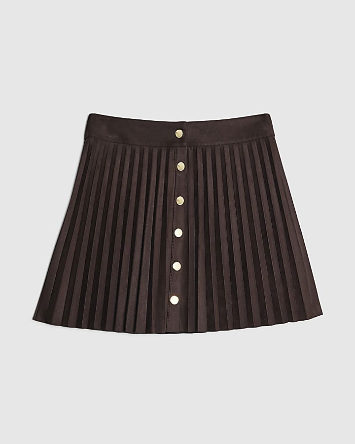 river island Brown Faux Suede Pleated Mini Skirt