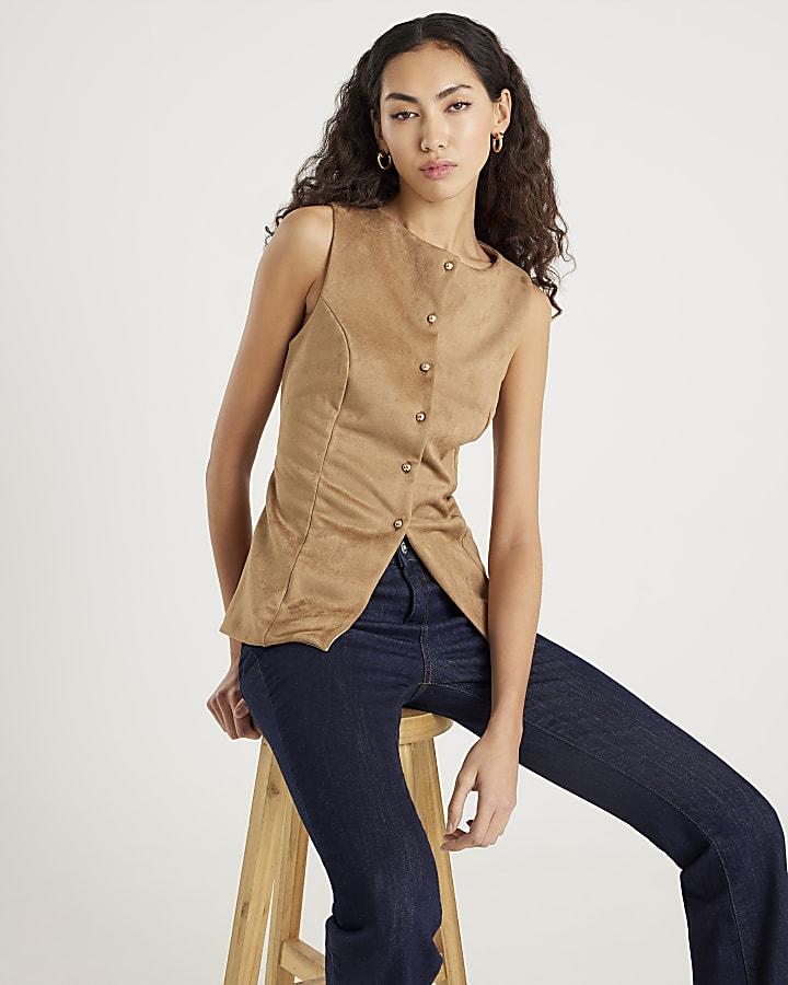 River Island Brown Faux Suede Sleeveless Waistcoat