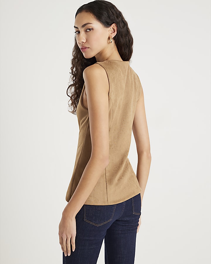 River Island Brown Faux Suede Sleeveless Waistcoat
