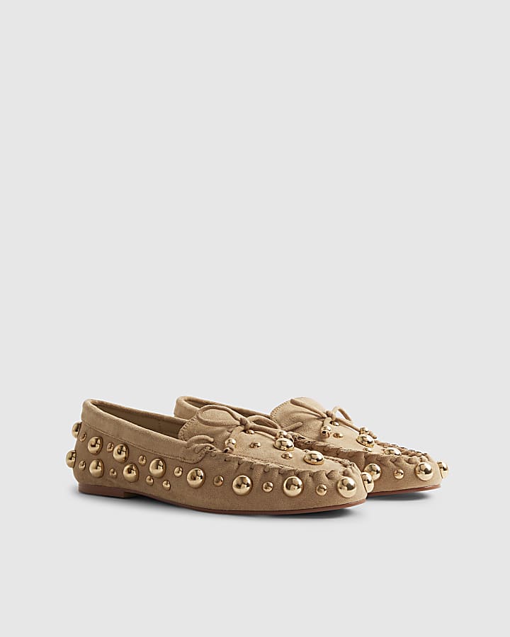 River Island Brown Faux Suede Studded Loafers