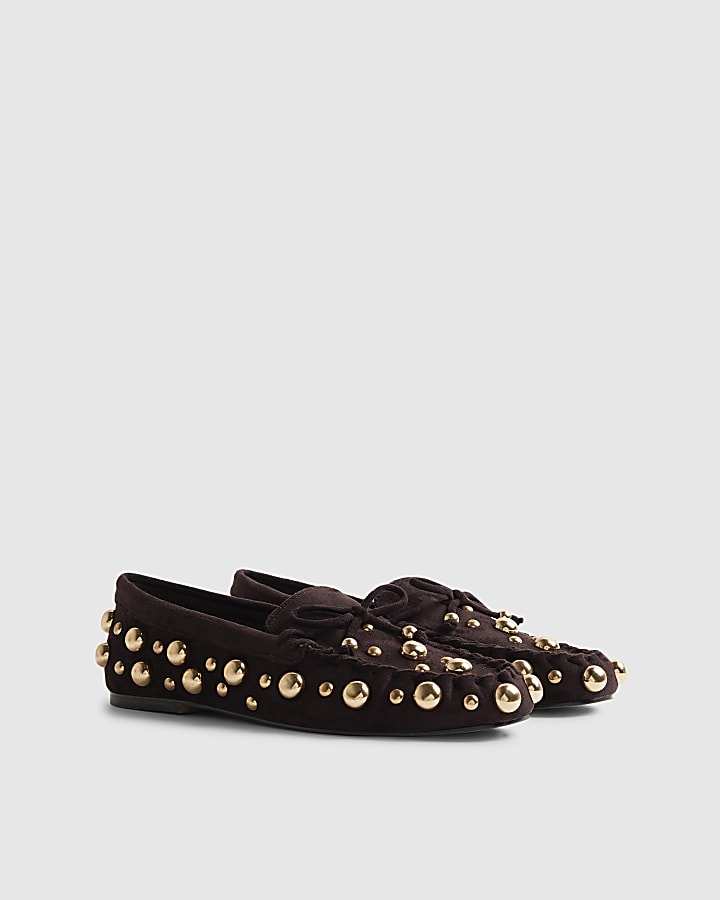 River Island Brown Faux Suede Studded Loafers