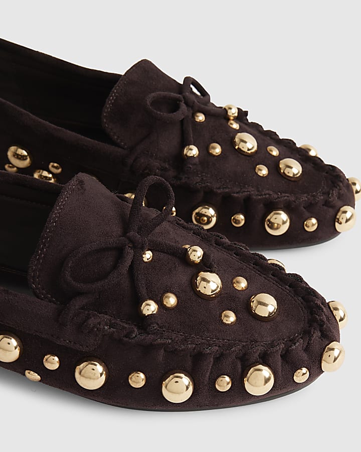 River Island Brown Faux Suede Studded Loafers