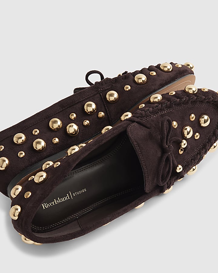 river island Brown Faux Suede Studded Loafers