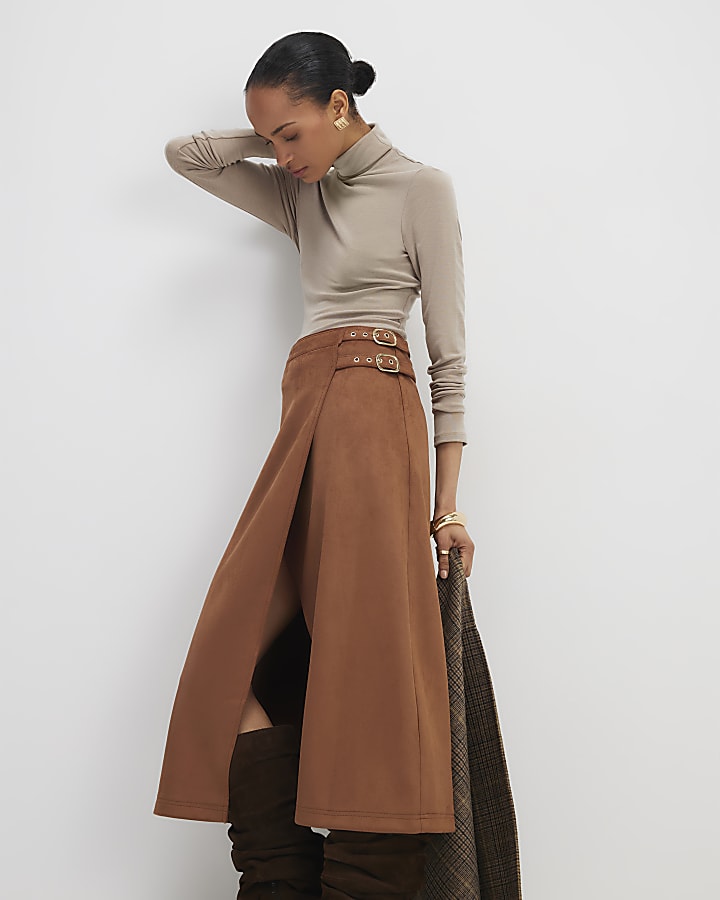 River Island Brown Faux Suede Wrap Midi Skirt