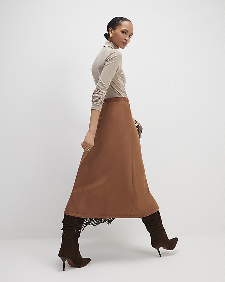 River Island Brown Faux Suede Wrap Midi Skirt