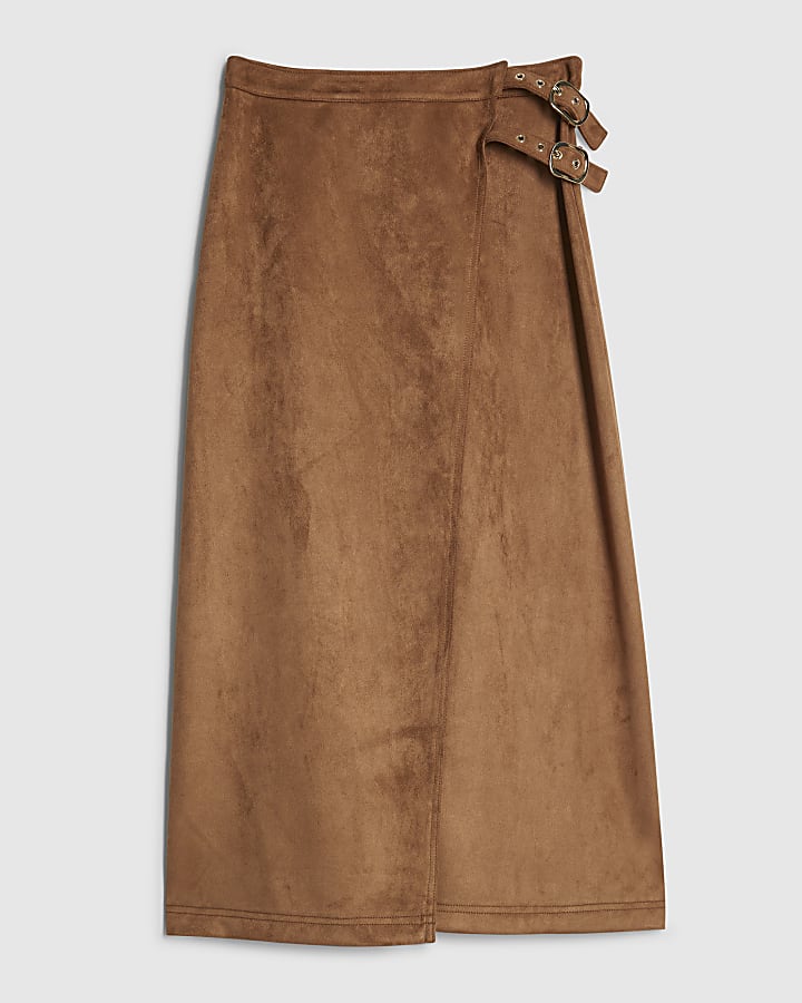 river island Brown Faux Suede Wrap Midi Skirt
