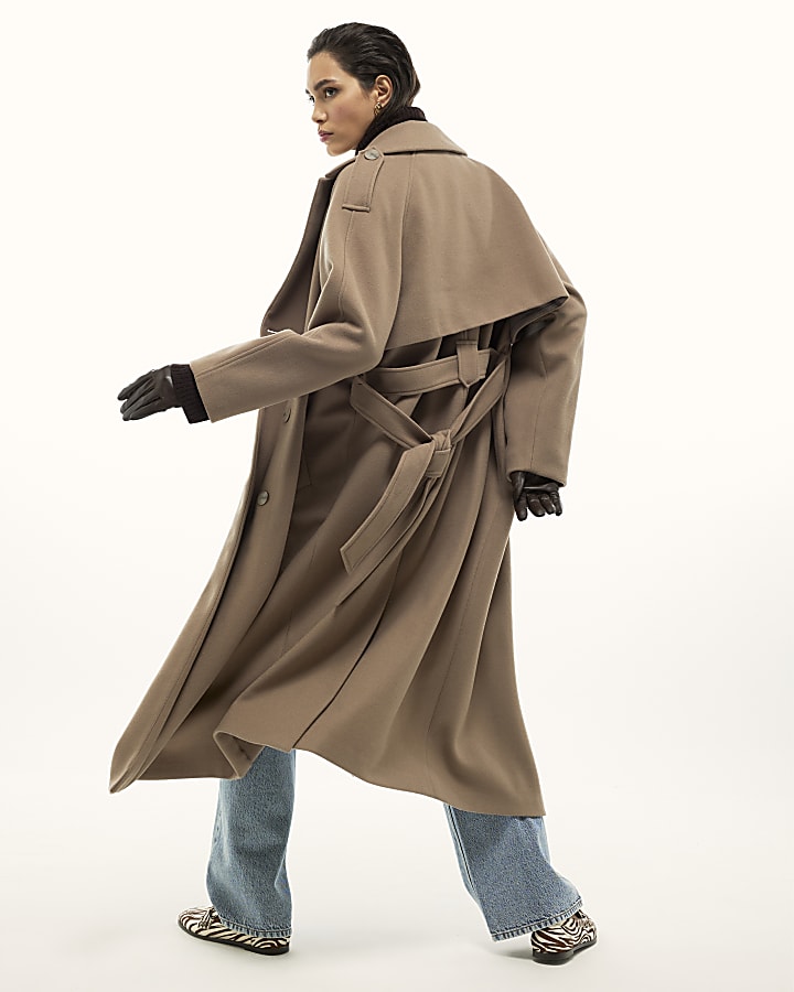 River Island Brown Faux Wool Belted Trench Coat