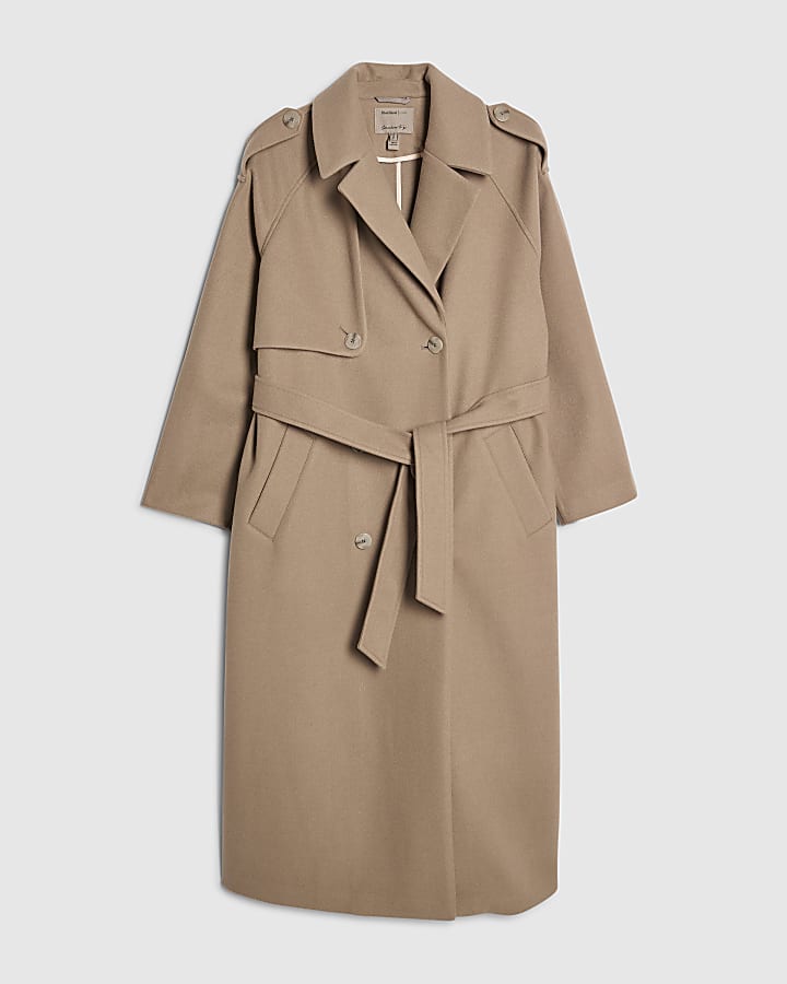 river island Brown Faux Wool Belted Trench Coat