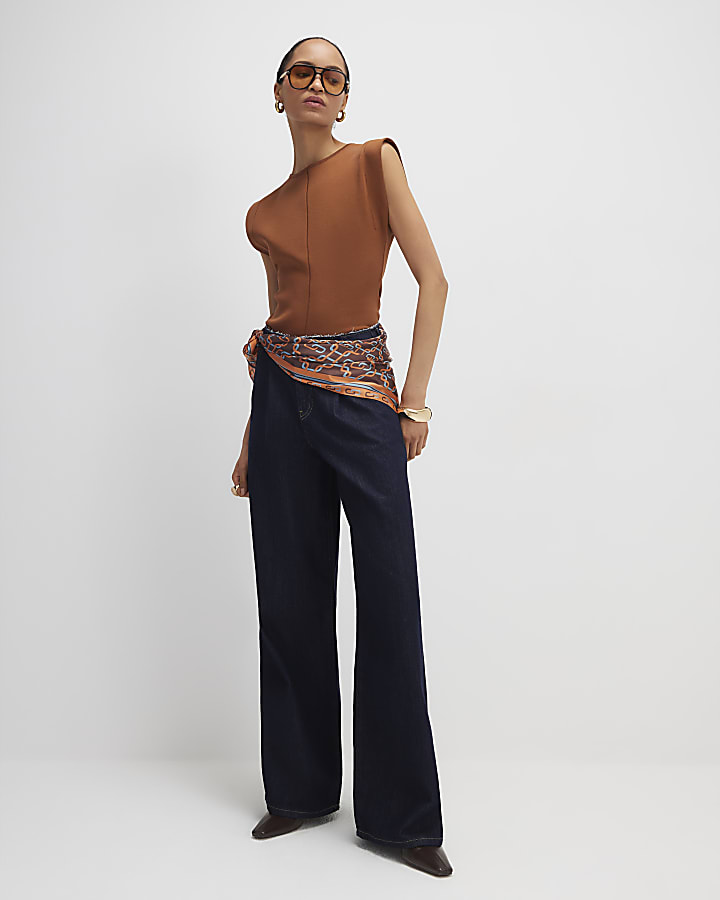 River Island Brown Fitted Knit Sleeveless Top