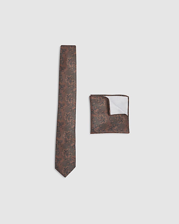 River Island Brown Floral Handkerchief And Tie Set