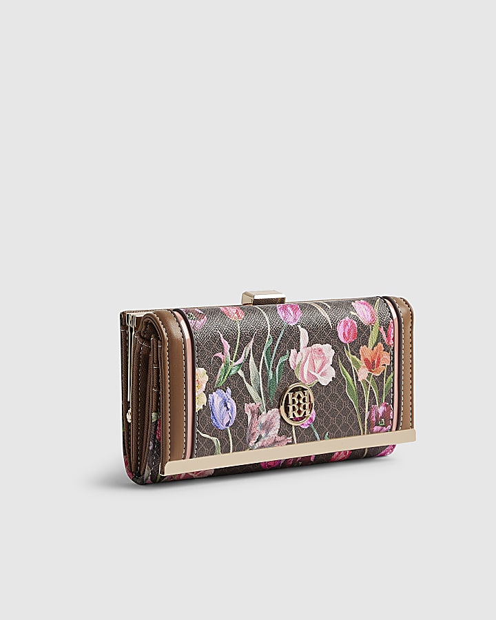 River Island Brown Floral Monogram Clip Top Purse