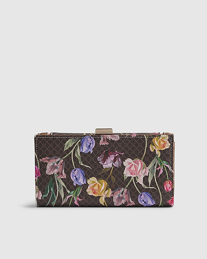 River Island Brown Floral Monogram Clip Top Purse
