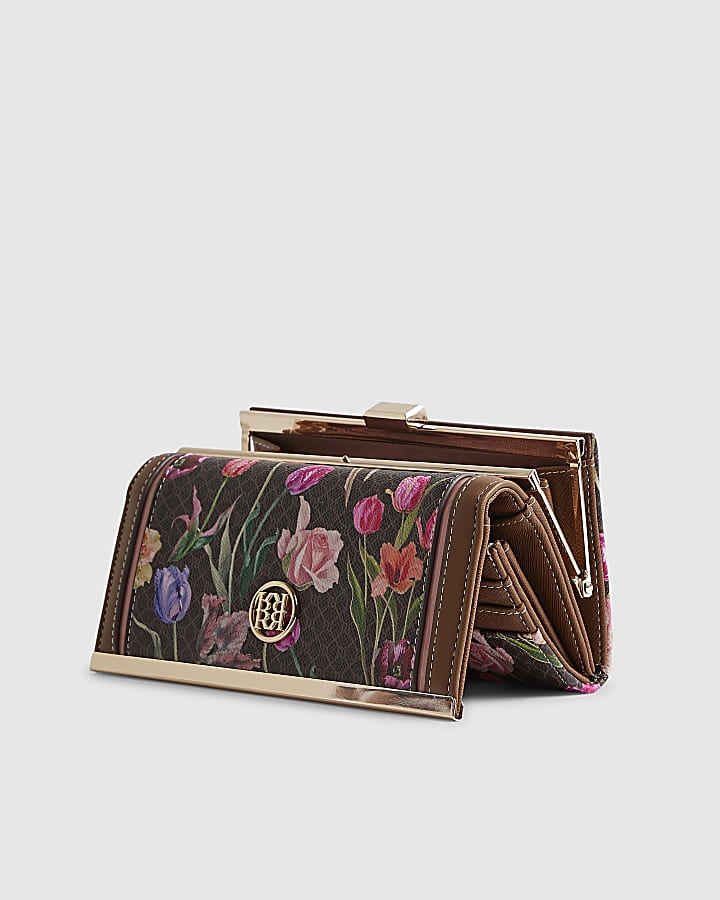 River Island Brown Floral Monogram Clip Top Purse