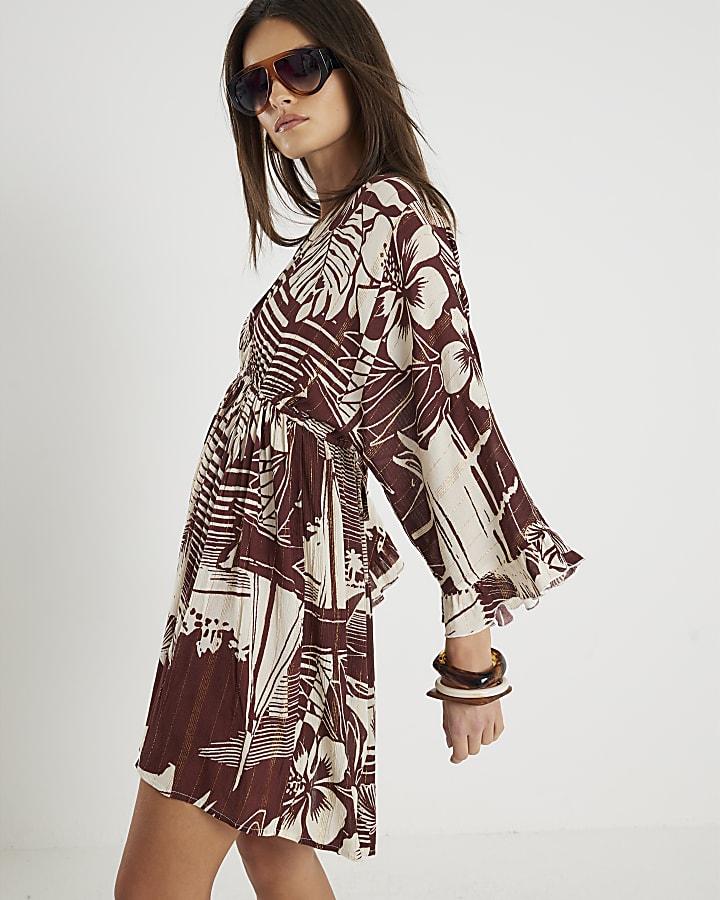 River Island Brown Floral Printed Mini Beach Dress