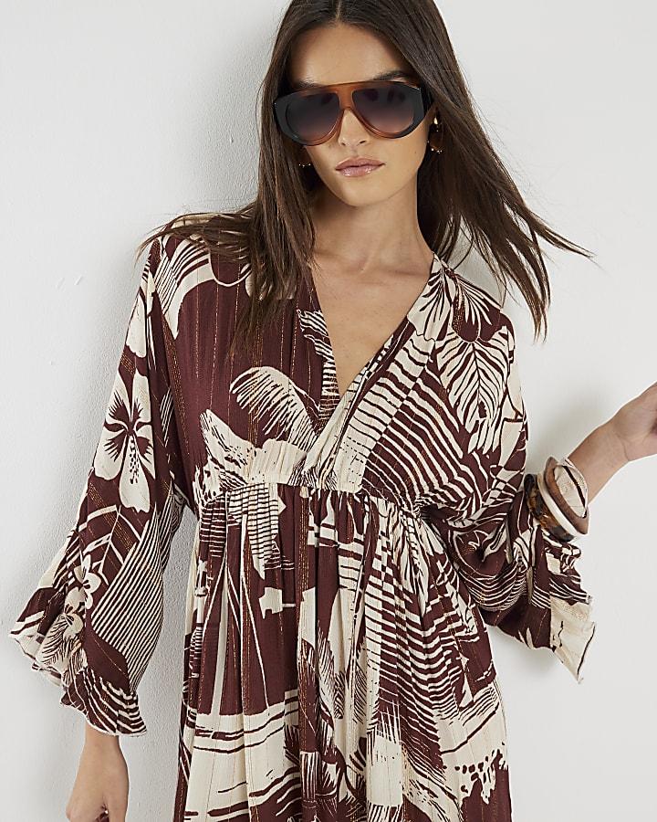 River Island Brown Floral Printed Mini Beach Dress