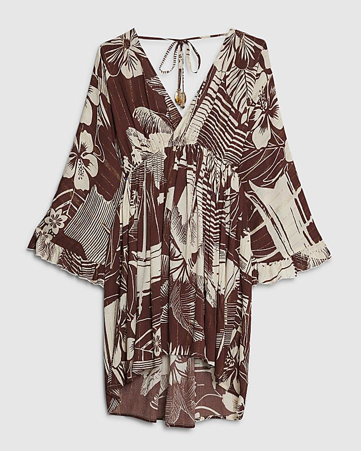 river island Brown Floral Printed Mini Beach Dress