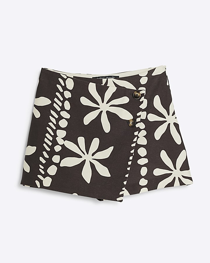 river island Brown floral wrap skort