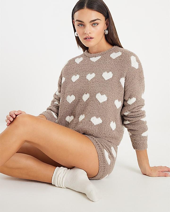 River Island Brown Fluffy Heart Jumper Shorts Set