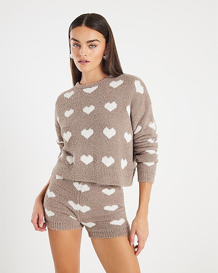 River Island Brown Fluffy Heart Jumper Shorts Set