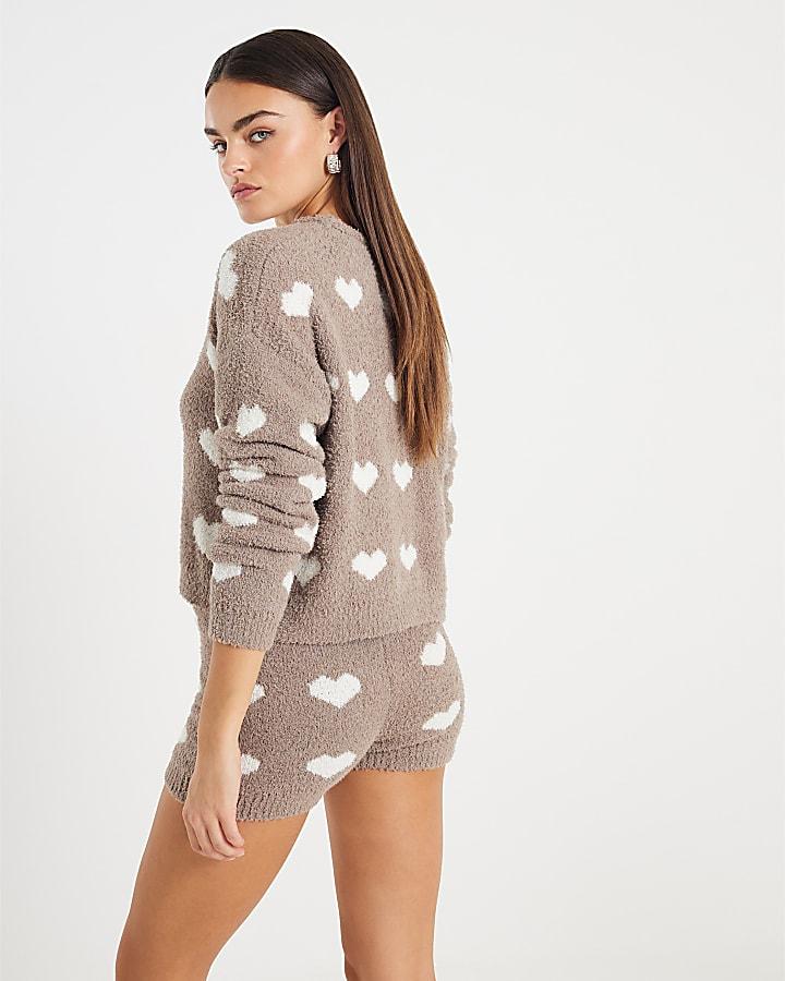 River Island Brown Fluffy Heart Jumper Shorts Set